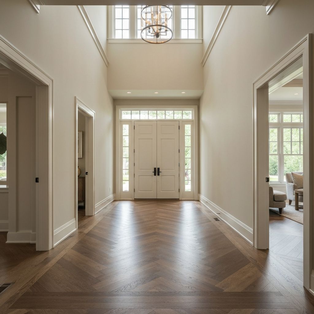 Herringbone hardwood flooring in elegant entryway