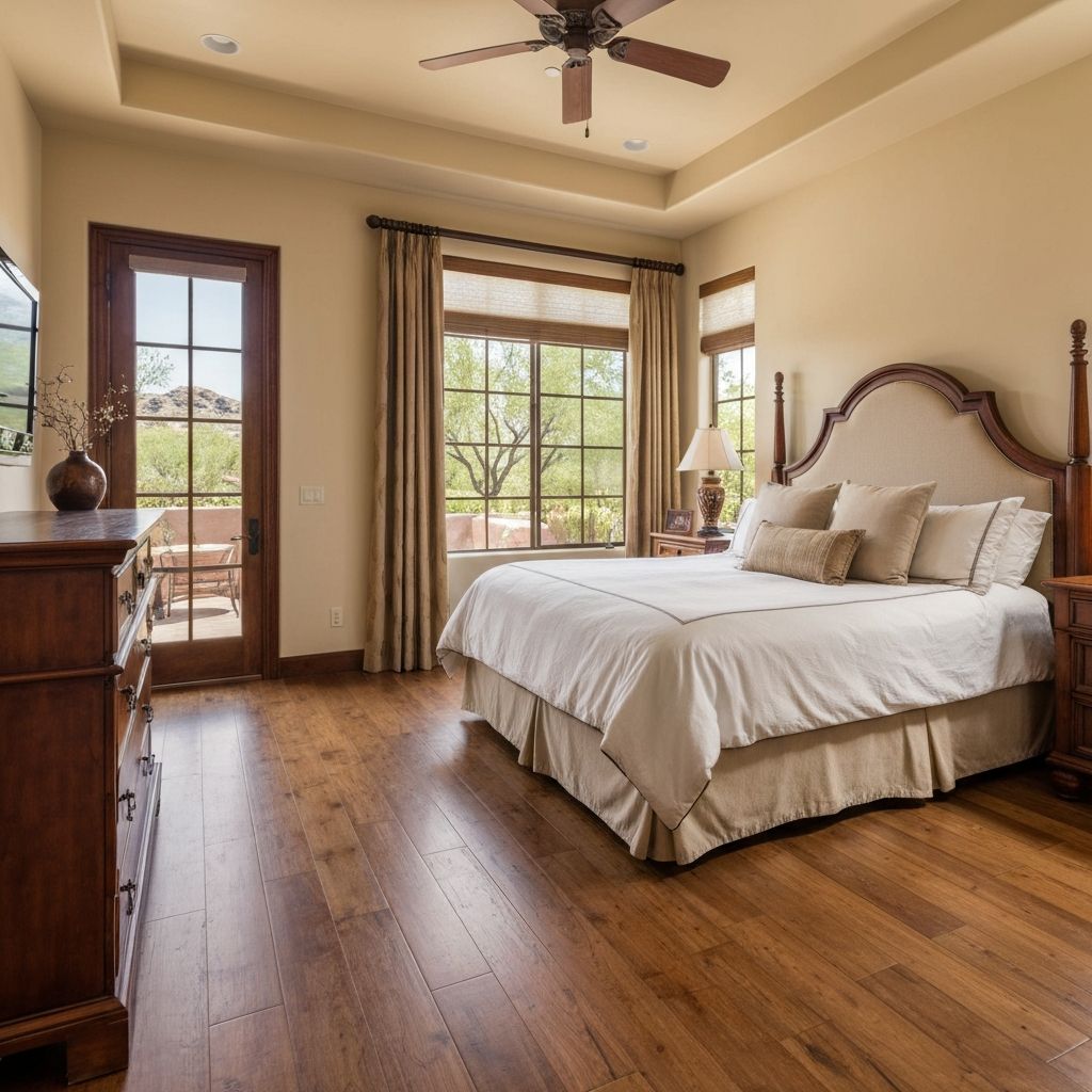 Warm engineered hardwood in master bedroom