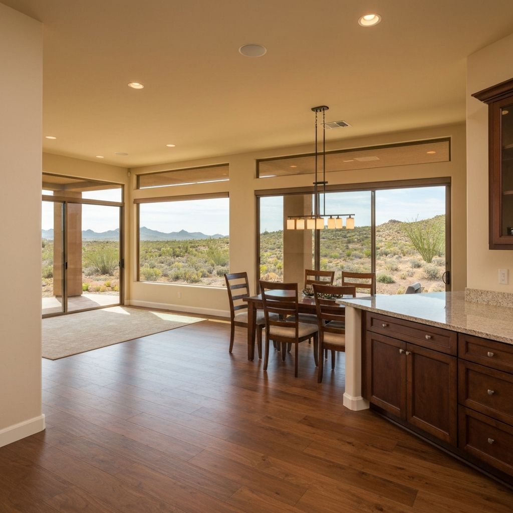 Open concept living with seamless hardwood